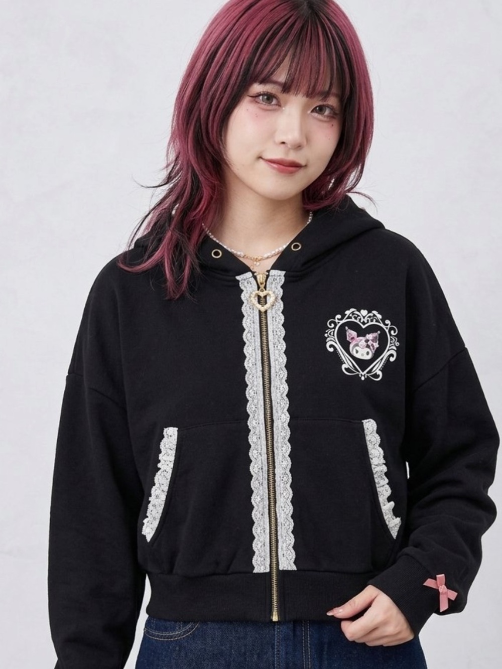 Pearl Black Lace-Trim Heart Crest Bomber Hoodie